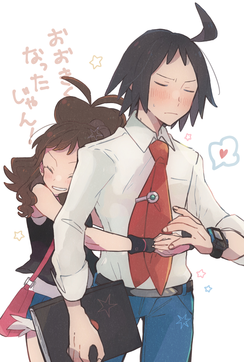 1boy 1girl ahoge antenna_hair bag belt black_hair black_vest blue_pants blush brown_hair cheren_(pokemon) closed_eyes closed_mouth collared_shirt commentary_request grey_shirt heart highres hilda_(pokemon) holding hug hug_from_behind misha_(ohds101) necktie nintendo pants pink_bag pokemon pokemon_bw pokemon_bw2 red_necktie shirt short_shorts shorts shoulder_bag sleeves_rolled_up smile translation_request vest white_shirt wristband