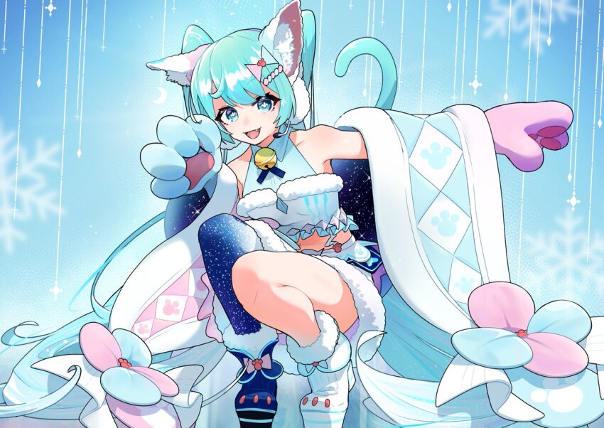 1girl adapted_costume animal_ear_fluff animal_ears animal_hands aqua_hair asymmetrical_footwear bare_shoulders bell blue_background blue_boots blue_shirt boots breasts cat_ears cat_girl cat_tail collared_shirt crop_top cross_tie fang fur-trimmed_skirt fur-trimmed_thighhighs fur_trim gloves hair_ornament hatsune_miku headphones high_heel_boots high_heels kinosuke_(pattaba) long_hair looking_at_viewer magical_mirai_(vocaloid) magical_mirai_miku magical_mirai_miku_(2020_winter) midriff miku_day mismatched_footwear neck_bell open_mouth outstretched_arm paw_gloves shawl shirt single_thighhigh skirt sleeveless sleeveless_shirt small_breasts smile snowflakes solo squatting tail thighhighs twintails very_long_hair vocaloid white_boots white_skirt