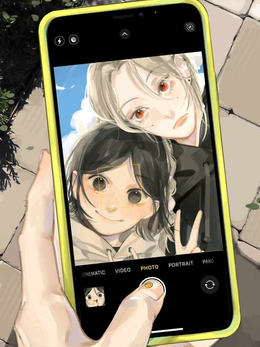1boy 1girl black_eyes black_hair black_hoodie blonde_hair bob_cut closed_mouth commentary highres holding holding_phone hood hoodie luca_(nnaramonn) mole nnaramonn original phone red_eyes selfie sidelocks symbol-only_commentary taking_picture v white_hoodie yuki_(nnaramonn)