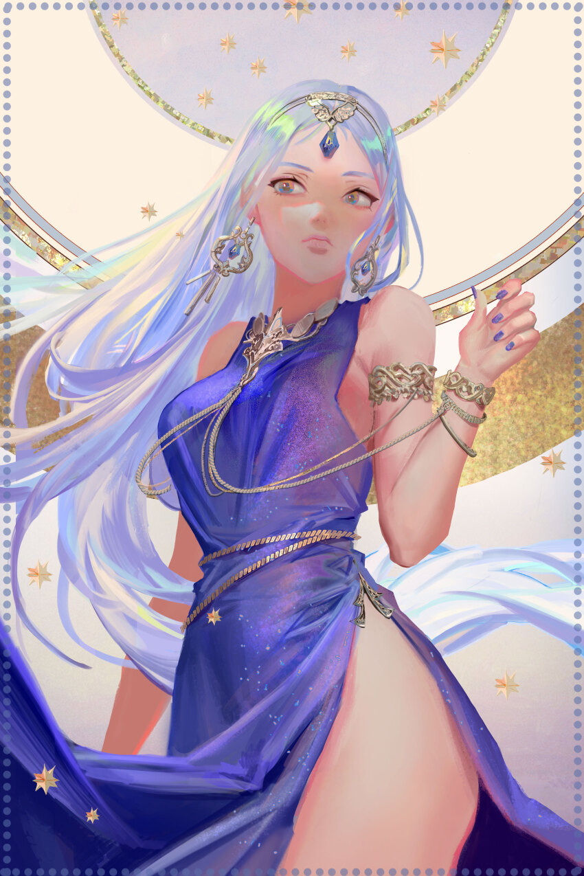 1girl absurdres armlet artemis_(mythology) bare_shoulders blue_gemstone blue_hair bracelet breasts circlet closed_mouth commentary cowboy_shot dated_commentary dress earrings english_commentary fingernails gem gold_bracelet gold_earrings greek_mythology grey_eyes grey_hair highres jewelry large_breasts lips long_hair looking_to_the_side multicolored_hair nail_polish purple_dress purple_nails side_slit sideboob sleeveless sleeveless_dress solo star_(symbol) streaked_hair very_long_hair wowmoto2