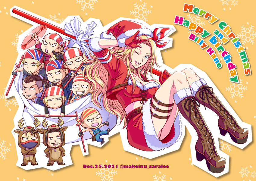 1girl antlers bandana billy_kane boots christmas english_text fatal_fury fur-trimmed_headwear fur_trim genderswap genderswap_(mtf) gift gloves hands_on_own_hips hat highres holding holding_sack horns kisaragi_eiji lace-up_boots makeinu multiple_boys multiple_persona pretty_billy_kane red_gloves robert_garcia sack santa_boots santa_claus santa_costume santa_hat snk the_king_of_fighters the_king_of_fighters_&#039;95 the_king_of_fighters_&#039;97 the_king_of_fighters_2003 the_king_of_fighters_all-stars the_king_of_fighters_for_girls the_king_of_fighters_xiv three_section_staff