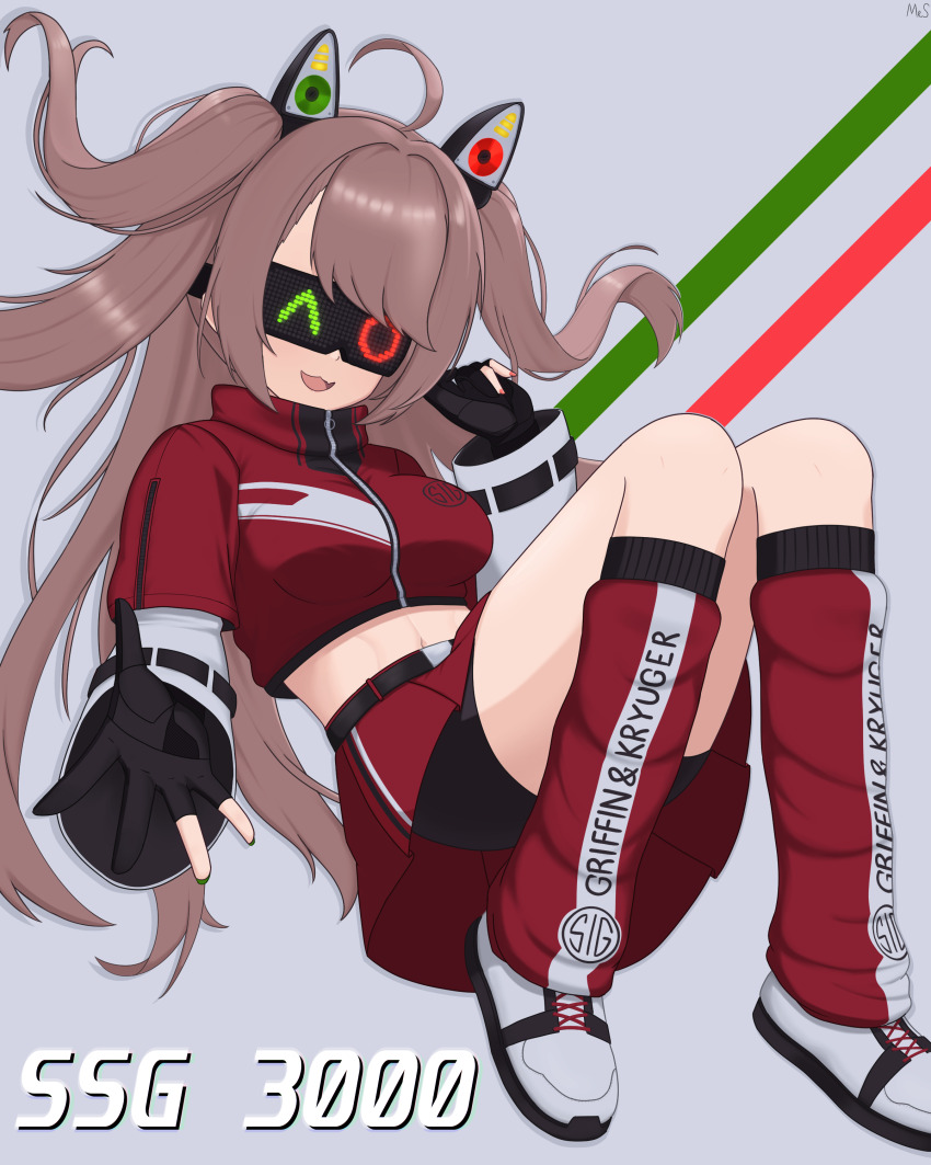 1girl :3 absurdres black_gloves brown_hair cropped_jacket girls&#039;_frontline gloves hair_ornament head-mounted_display heterochromia highres leg_warmers long_hair mr.something pleated_skirt reaching reaching_towards_viewer red_skirt simple_background skirt smile solo ssg3000_(girls&#039;_frontline) two_side_up
