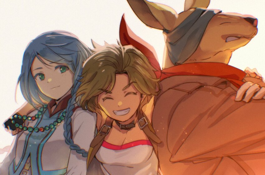 bandage_over_one_eye blue_hair brown_hair cj_(eiyuden_chronicle) clenched_teeth closed_eyes eiyuden_chronicle:_hundred_heroes eiyuden_chronicle_rising garoo grimace hand_on_another&#039;s_shoulder isha_(eiyuden_chronicle) jewelry kangaroo necklace short_hair smile sugikiyu teeth white_background