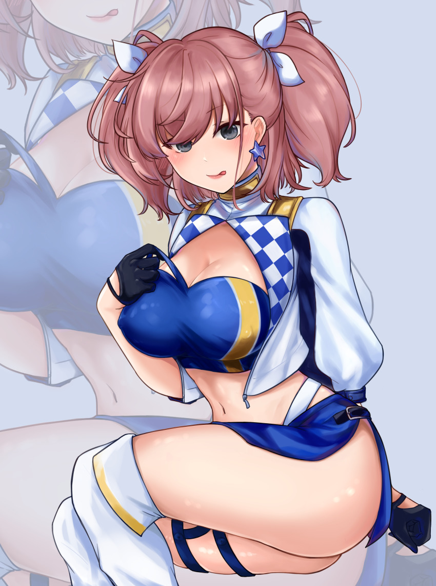 absurdres atlanta_(kancolle) bandeau black_gloves blue_bandeau blue_skirt boots breasts brown_hair commentary cosplay cropped_jacket english_commentary gloves gotland_(2020_race_queen)_(kancolle) gotland_(kancolle) gotland_(kancolle)_(cosplay) grey_eyes hair_ribbon half_gloves highres jacket kantai_collection knee_boots large_breasts long_hair midriff miniskirt mixed-language_commentary paid_reward_available race_queen ribbon shrug_(clothing) sitting skirt two_side_up white_footwear white_jacket white_ribbon yukai_(xiaoyu13298276) zoom_layer