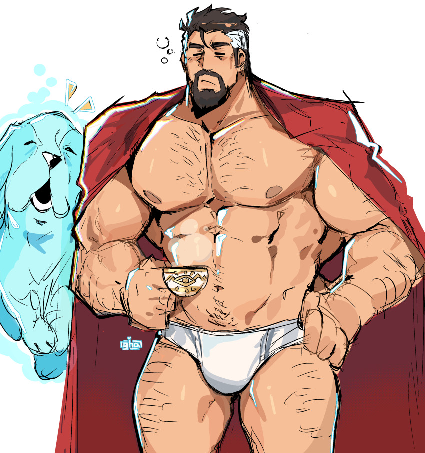 absurdres bara bats_(marvel) beard briefs bulge cape closed_eyes cup doctor_strange doctor_strange_(series) dog facial_hair floating ghost graysheartart hand_on_own_hip highres holding holding_cup male_underwear marvel marvel_rivals multicolored_hair muscular muscular_male pet red_cape short_hair simple_background teacup two-tone_hair underwear white_background white_male_underwear