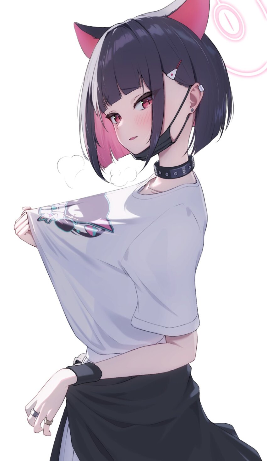 1girl aimo_wotku animal_ears animal_print black_choker black_hair black_wrist_cuffs blue_archive blunt_bangs blunt_ends blush bob_cut cat_ears cat_girl cat_print choker clothes_around_waist clothes_pull collarbone colored_inner_animal_ears colored_inner_hair commentary_request cowboy_shot earclip earrings extra_ears from_side furrowed_brow hair_behind_ear hair_ornament hairclip halo hand_up highres jewelry kazusa_(band)_(blue_archive) kazusa_(blue_archive) mask mask_pull mouth_mask multicolored_hair multiple_rings official_alternate_costume open_mouth pink_halo print_shirt puff_of_air pulling_own_clothes red_eyes ring see-through_clothes see-through_shirt shirt shirt_pull short_hair short_sleeves simple_background slit_pupils smile solo straight_hair stud_earrings t-shirt two-tone_hair white_background white_shirt wrist_cuffs