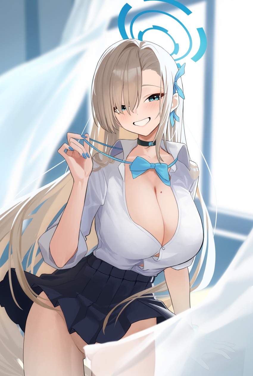1girl absurdres asuna_(blue_archive) black_choker black_skirt blue_archive blue_bow blue_bowtie blue_eyes blue_halo blue_nails blue_ribbon blurry blurry_background blush bow bowtie breasts brown_hair choker cleavage clothes_lift collared_shirt commentary_request convenient_censoring cowboy_shot curtains day dress_shirt gluteal_fold grin hair_ribbon halo highres huge_breasts indoors large_breasts long_hair looking_at_viewer loose_bowtie mole mole_on_breast nail_polish no_panties ojisan_kamo_shiremasen partially_unbuttoned pleated_skirt ribbon school_uniform shirt shirt_tucked_in skirt skirt_lift sleeves_rolled_up smile solo standing very_long_fingernails very_long_hair white_shirt wind wind_lift