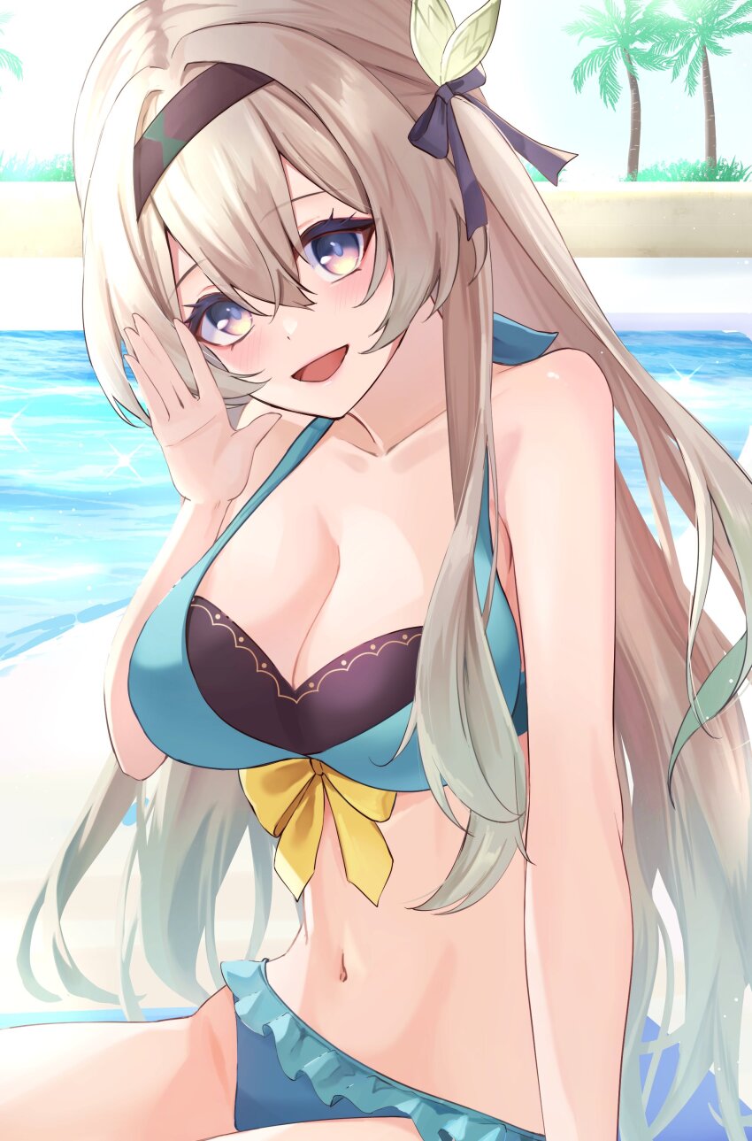 1girl absurdres aqua_bikini bikini black_hairband black_ribbon blush breasts brown_hair firefly_(honkai:_star_rail) hair_between_eyes hair_ornament hair_ribbon hairband highres honkai:_star_rail honkai_(series) long_hair looking_at_viewer marufus medium_breasts multicolored_eyes navel open_mouth ribbon smile solo stomach swimsuit