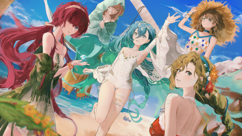37_(down_in_the_grotto)_(reverse:1999) 37_(reverse:1999) 5girls absurdres adjusting_clothes adjusting_headwear amamiyadagashi arm_up armpits bare_shoulders barefoot beach bikini blonde_hair blue_eyes blue_hair blue_hairband blue_sky bracelet braid breasts brown_hair brown_hat cape capelet crab day detached_sleeves dress dutch_angle fishnet_dress flower green_capelet grey_eyes grey_hair grin hair_between_eyes hair_flower hair_ornament hair_over_one_eye hairband hammock hand_on_headwear hand_up hands_up hat highres jewelry leg_tattoo leg_up long_braid looking_at_viewer low_twintails marcus_(on_the_white_sand)_(reverse:1999) marcus_(reverse:1999) medium_hair multiple_girls ocean official_alternate_costume one-piece_swimsuit one_eye_covered orange_bikini orange_flower outdoors poltergeist_(reverse:1999) print_bed_sheet red_eyes red_flower reverse:1999 sand scales sheet_ghost shell single_braid sky sleeveless sleeveless_dress small_breasts smile spaghetti_strap standing standing_on_one_leg starfish strapless straw_hat swimsuit tattoo tube_top twintails very_low_bun vila_(by_the_painted_city)_(reverse:1999) vila_(reverse:1999) water_drop white_cape white_dress white_one-piece_swimsuit white_sleeves white_tube_top yellow_hairband yenisei_(around_the_riverbend)_(reverse:1999) yenisei_(reverse:1999)