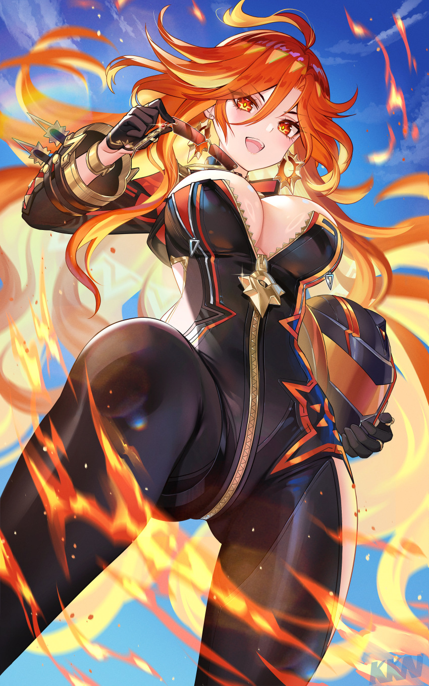 1girl absurdres ahoge biker_clothes bikesuit black_bodysuit black_gloves bodysuit breasts earrings fire genshin_impact gloves helmet highres holding holding_helmet jewelry lalazyt large_breasts long_hair long_sleeves mavuika_(genshin_impact) motorcycle_helmet multicolored_eyes multicolored_hair open_mouth orange_eyes orange_hair red_hair revision smile sun_earrings sunglasses symbol_in_eye tinted_eyewear two-tone_eyes two-tone_hair unworn_headwear unworn_helmet very_long_hair