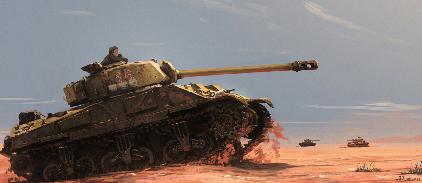 1boy battle cannon caterpillar_tracks desert field highres landscape lhlclllx97 m4_sherman military_vehicle motor_vehicle original panzer_iv scenery sherman_firefly solo tank war world_war_ii