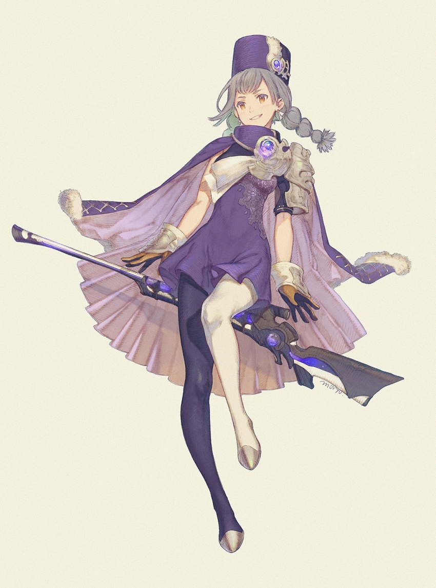 1girl artist_name asymmetrical_legwear black_gloves black_pantyhose blush braid brown_background brown_eyes brown_gloves cape dress female_focus full_body fur-trimmed_cape fur_trim gloves grey_hair grin gun hat highres long_hair looking_away mismatched_legwear moryo musket original pantyhose purple_cape purple_dress purple_hat short_sleeves signature simple_background single_sleeve smile solo standing standing_on_one_leg twin_braids weapon white_pantyhose