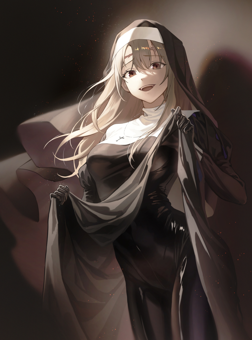 1girl :d absurdres alohayuja black_bodysuit blonde_hair bodysuit bodysuit_under_clothes breasts brown_eyes character_request clothes_lift copyright_request cross cross_necklace dress dress_lift habit highres jewelry korean_commentary latex latex_bodysuit long_hair looking_at_viewer medium_breasts necklace nun open_mouth shiny_clothes skin_tight smile solo teeth upper_teeth_only