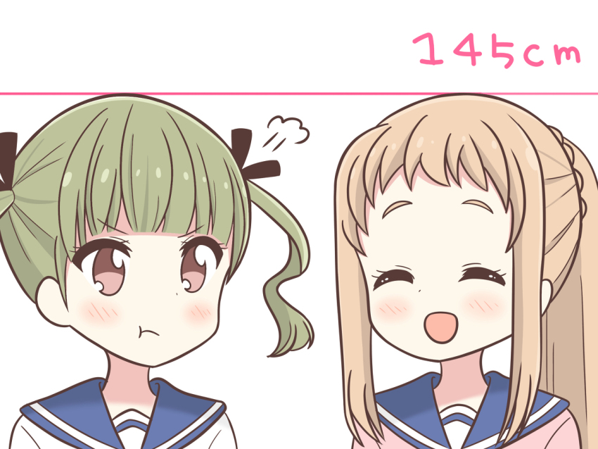 2girls annoyed blonde_hair blue_sailor_collar blush closed_eyes dot_nose female_focus happy height_conscious ibe_sayuri inose_mai koisuru_asteroid long_hair looking_at_another mmiirrraa multiple_girls open_mouth pink_sweater ponytail sailor_collar school_uniform serafuku standing sweater upper_body