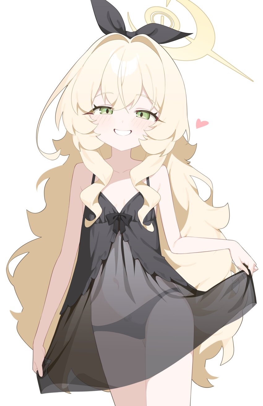 1girl absurdres alternate_costume bare_shoulders black_nightgown black_panties black_ribbon blonde_hair blue_archive blush camisole camisole_lift clothes_lift covered_navel flat_chest fluffy_hair green_eyes hair_ribbon halo heart highres honi_(honi1010) loli long_hair looking_at_viewer navel nightgown panties professor_niyaniya_(blue_archive) ribbon see-through_clothes simple_background smile smug solo teeth thighs underwear very_long_hair wavy_hair white_background yellow_halo