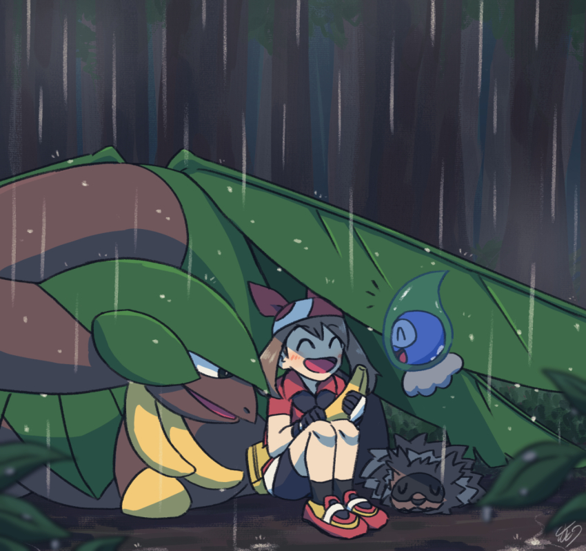 1girl banana bandana castform castform_(rainy) food fruit gen_3_pokemon gloves happy highres improvised_umbrella may_(pokemon) mutou610 nintendo outdoors pokemon pokemon_(creature) pokemon_rse rain sitting sleeping tropius zigzagoon