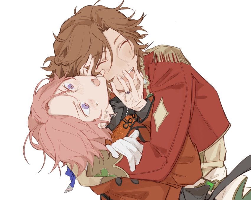2boys annoyed armor brown_hair ensemble_stars! gloves hands_on_another&#039;s_face happy head_back highres hug jewelry kikuchiyo3 long_sleeves male_focus mikejima_madara multiple_boys open_mouth oukawa_kohaku pauldrons pink_hair purple_eyes ring shoulder_armor simple_background white_background white_gloves yaoi