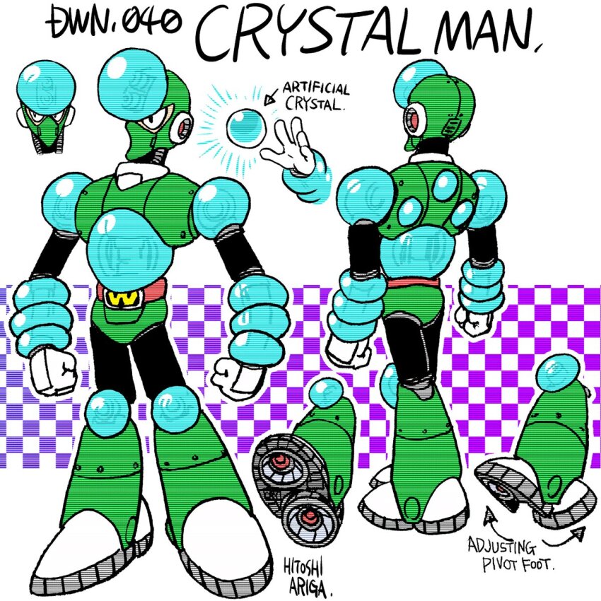 1boy aqua_gemstone ariga_hitoshi armor arrow_(symbol) artist_name belt black_bodysuit black_eyes blue_background bodysuit boots character_name checkered_background chest_jewel clenched_hands commentary_request concept_art crystal_man english_text forehead_jewel from_behind full_body gem gloves gradient_background green_armor helmet highres industrial_pipe joints knee_boots looking_ahead looking_to_the_side male_focus mechabare mega_man_(classic) mega_man_(series) mega_man_5 mega_man_megamix multiple_views no_humans no_mouth portrait purple_background red_belt reference_sheet robot robot_ears robot_joints scanlines screw shoe_soles simple_background standing turnaround white_background white_gloves