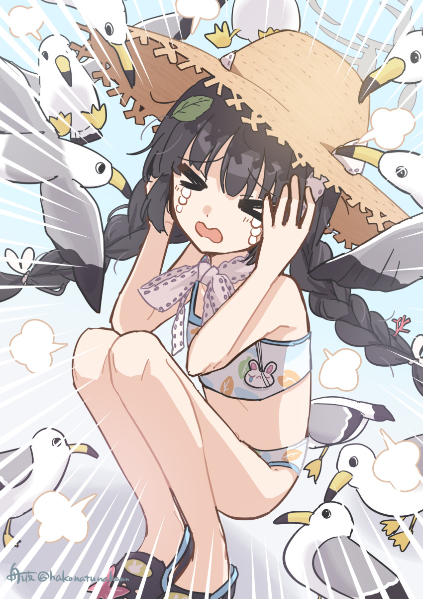 &gt;_&lt; bikini bird black_hair blue_archive braid closed_eyes crocs crying emphasis_lines flat_chest funami_(hakonatunakann) halo hat highres leaf leaf_on_head leaf_print long_hair miyu_(blue_archive) miyu_(swimsuit)_(blue_archive) navel official_alternate_costume open_mouth print_bikini seagull solo squatting straw_hat swimsuit tears twin_braids twitter_username white_bikini