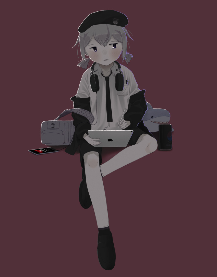 backpack bag black_necktie ccg cellphone collared_shirt girls&#039;_frontline headphones highres ikea_shark ipad iphone m200_(girls&#039;_frontline) necktie pen phone shark shirt smartphone stuffed_animal stuffed_shark stuffed_toy tablet_pc white_shirt