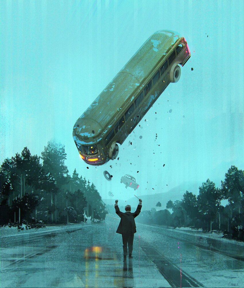 1boy arms_up artist_name conductor_baton black_jacket black_pants blue_sky bus car commentary conductor day dress_shirt english_commentary facing_away floating fog full_body highres holding jacket jocelin_carmes levitation long_sleeves motor_vehicle original outdoors pants road shirt signature sky solo standing street telekinesis tree white_shirt