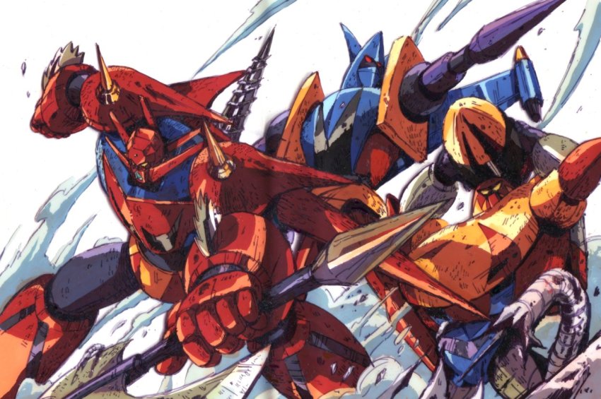 axe clenched_hand drill getter_dragon getter_liger getter_poseidon getter_robo getter_robo_g holding holding_axe looking_at_viewer looking_down marble-v mecha mecha_focus no_humans red_eyes robot science_fiction super_robot yellow_eyes