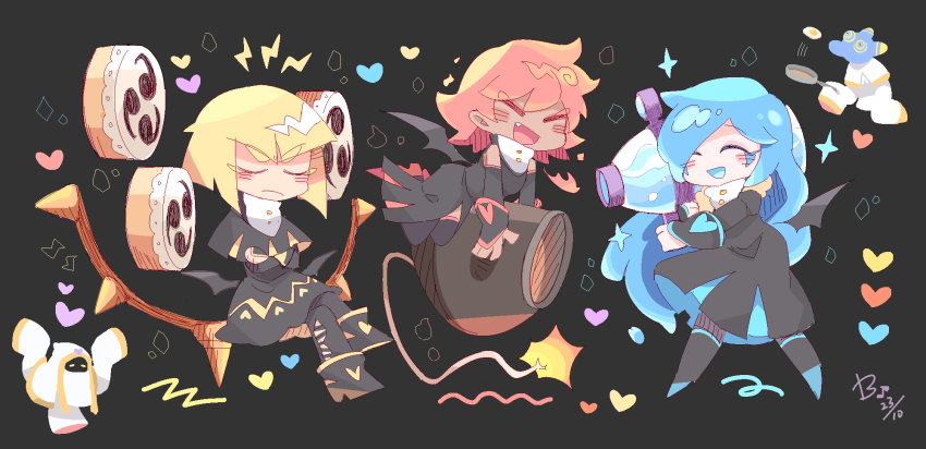 2boys 3girls ^_^ animal_ears annoyed bare_shoulders beco_(100me) big_nose black_background black_bridal_gauntlets black_capelet black_dress black_footwear black_pantyhose black_wings blonde_hair blue_eyes blue_eyeshadow blue_footwear blue_hair blue_tongue blunt_bangs blunt_ends blush_stickers bob_cut boots bridal_gauntlets buttons cannon capelet closed_eyes clothing_cutout colored_tongue commentary_request crossed_arms dark-skinned_female dark_skin dated demon_wings detached_hood dress dual_persona eyeshadow fang fire flamberge_(kirby) francisca_(kirby) fried_egg frown frying_pan fur-trimmed_dress fur_trim hair_over_one_eye happy heart heart_print high_heel_boots high_heels highres holding holding_frying_pan holding_water_gun holding_weapon hood hood_up humanization hyness kirby_(series) knee_boots lightning_bolt_symbol long_hair long_sleeves makeup medium_dress mini_wings motion_lines mouth_veil multicolored_eyes multiple_boys multiple_girls nintendo no_headwear open_mouth pantyhose pleated_capelet pleated_skirt pointy_footwear red_eyeshadow red_footwear red_hair ringed_eyes robe short_hair shoulder_cutout signature sitting skirt sleeveless sleeveless_dress sleeves_past_fingers sleeves_past_wrists smile thick_eyebrows torn_clothes torn_pantyhose turtleneck turtleneck_dress two-tone_eyes two-tone_footwear v-shaped_eyebrows veil very_long_hair water_gun weapon white_capelet white_hood white_robe white_veil wings yellow_eyes yellow_eyeshadow zan_partizanne