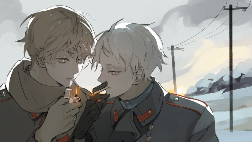 2boys axis_powers_hetalia black_gloves black_jacket blonde_hair buttons cigar collared_jacket evening gloves grey_eyes grey_hair grey_jacket grey_sky hair_between_eyes hand_up highres holding holding_cigar jacket kamui_(kurohshiro1) lighter long_sleeves looking_at_another male_focus military_jacket multiple_boys outdoors prussia_(hetalia) purple_eyes russia_(hetalia) scarf short_hair sky smoke smoking snow star_ornament sun sunset upper_body white_scarf zippo_lighter