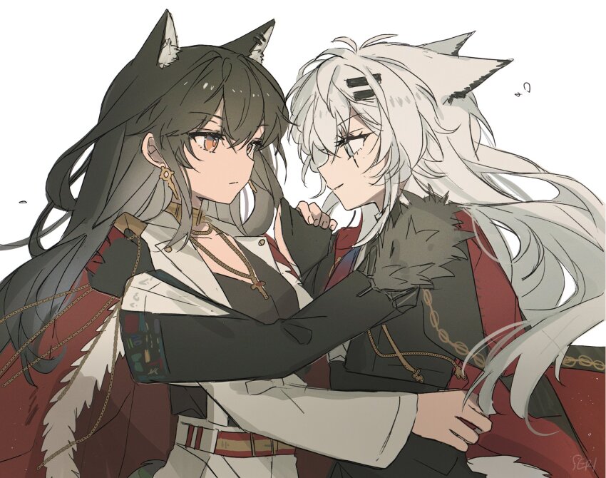 2girls animal_ears arknights belt black_gloves black_hair cape closed_mouth cross cross_necklace earrings eye_contact face-to-face gloves grey_eyes grey_hair hair_between_eyes hair_ornament hairclip highres holding_hands jewelry lappland_(arknights) lappland_the_decadenza_(arknights) latin_cross light_smile long_hair long_sleeves looking_at_another multiple_girls necklace orange_eyes parted_lips profile red_belt red_cape seri_(vyrlw) simple_background spanish_flag spanish_flag_print texas_(arknights) white_background wolf_ears wolf_girl yellow_belt yuri