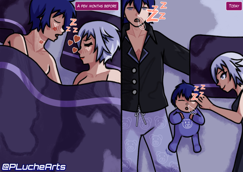 1girl 2boys baby blue_eyes blue_hair couple date_a_live english_text family grey_hair honjou_nia itsuka_shidou multiple_boys nose_bubble pluchearts sleeping sleepwear