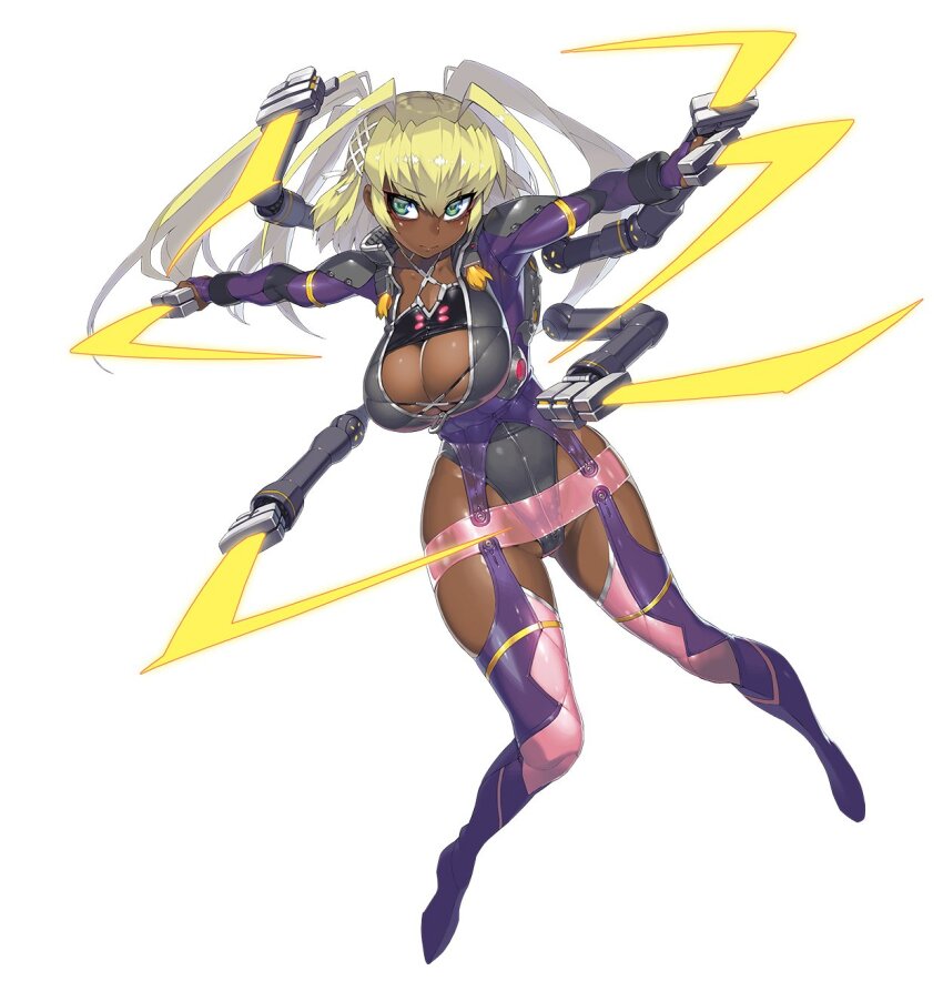 1girl antenna_hair blonde_hair breasts cleavage commentary dark-skinned_female dark_skin extra_arms garter_straps green_eyes hair_ornament highres holding holding_sword holding_weapon huge_breasts leotard long_hair looking_at_viewer mechanical_arms multiple_swords multiple_weapons multiple_wielding namaniku_atk official_art second-party_source solo sword taimanin_(series) taimanin_asagi_kessen_arena thighhighs twintails wakizashi weapon white_background yomi_akitsu