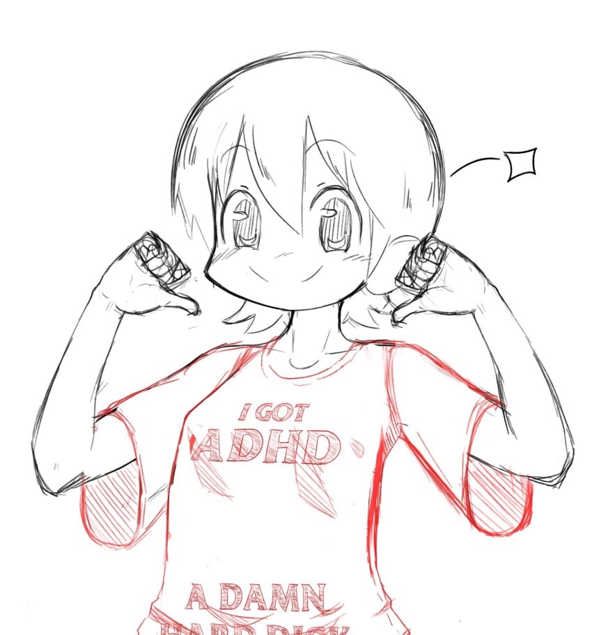 1girl aioi_yuuko closed_mouth clothes_writing collarbone looking_at_viewer madmex meme nichijou pointing pointing_at_self red_shirt shirt short_hair sketch smile solo sparkle spot_color upper_body wide_sleeves