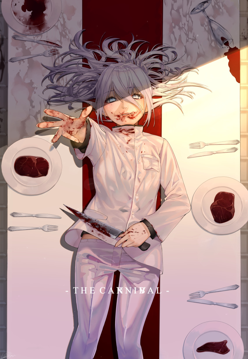 1girl absurdres arm_up blood blood_on_clothes blood_on_face blood_on_hands fork hair_between_eyes highres holding holding_knife jumpsuit knife library_of_ruina long_hair looking_at_viewer lubban lying on_back on_table pants pierre_(project_moon) plate project_moon sidelocks solo table white_hair white_jumpsuit white_pants