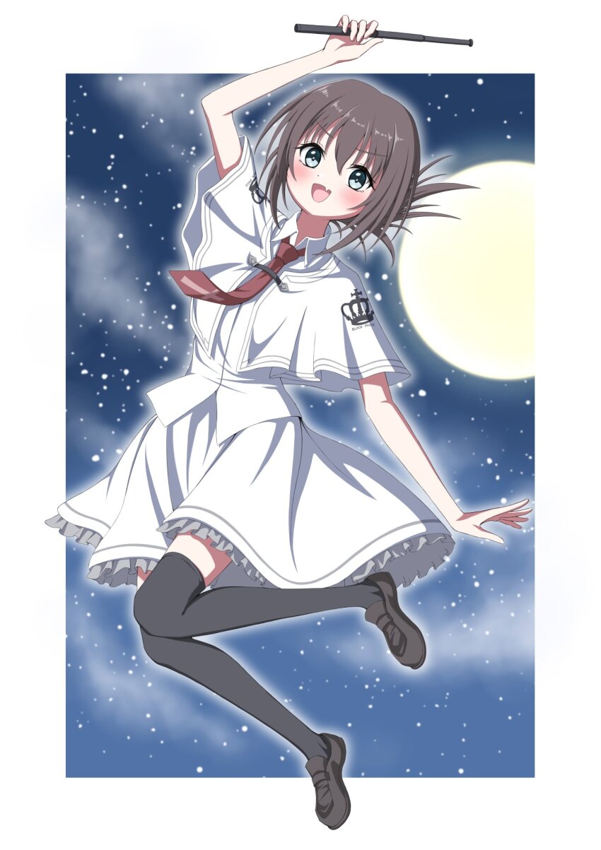 1girl :d aqua_eyes arm_up black_shoes black_thighhighs blush border brown_hair capelet collared_shirt commentary cross cross_print crown_print fang floating_neckwear folded_ponytail frilled_skirt frills full_body full_moon hair_between_eyes highres holding holding_whip knees_together_feet_apart loafers looking_at_viewer medium_hair moon necktie night open_mouth outdoors outside_border red_necktie shirt shoes skin_fang skirt smile solo subarashiki_hibi tachibana_kimika thighhighs v-shaped_eyebrows white_border white_capelet white_shirt white_skirt yuki_aria