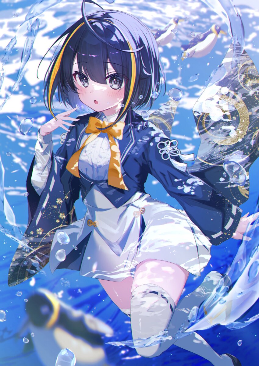 1girl :o absurdres ahoge animal asahikawa_(mist_train_girls) bird black_hair black_shoes blonde_hair blue_jacket blurry blurry_foreground blush bow center_frills depth_of_field feet_out_of_frame frills grey_eyes grey_skirt gyozanuko hair_between_eyes highres jacket loafers long_sleeves looking_at_viewer mist_train_girls multicolored_hair orange_bow parted_lips penguin puffy_long_sleeves puffy_sleeves ribbon-trimmed_sleeves ribbon-trimmed_thighhighs ribbon_trim shirt shoes skirt solo streaked_hair thighhighs underwater water white_shirt white_thighhighs wide_sleeves