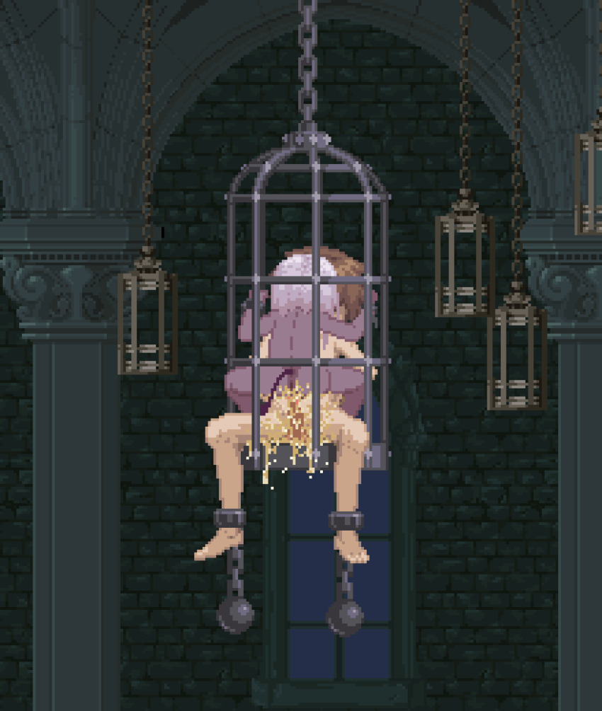 1boy 1girl animated animated_gif ball_and_chain_restraint cage chain chained colored_skin cum femdom hetero interspecies monster_girl nude pixel_art poring_(poccii890) purple_skin restrained sex tail vaginal white_hair