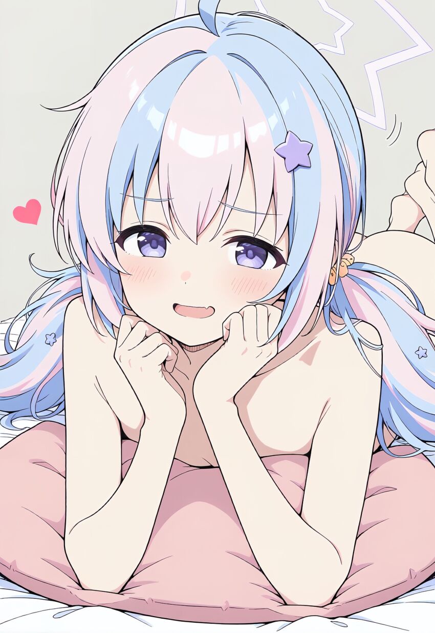 1girl absurdres ahoge ass blue_archive blush completely_nude fang hair_ornament halo heart highres loli long_hair looking_at_viewer multicolored_hair nude open_mouth pillow pink_hair pink_halo purple_eyes reisa_(blue_archive) star_(symbol) star_hair_ornament star_halo twintails two-tone_hair umineko_mawari
