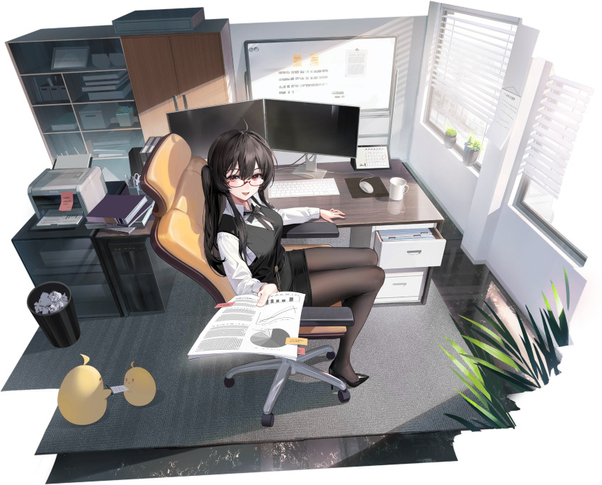 1girl absurdres ahoge azur_lane black_hair black_skirt black_vest bow bowtie breasts brown_pantyhose calendar_(object) chair collared_shirt computer congqian_you_ke_xing glasses graph high_heels highres holding holding_paper london_(azur_lane) london_(the_sterling_secretary)_(azur_lane) long_hair long_sleeves looking_at_viewer looking_over_eyewear medium_breasts miniskirt computer_mouse non-web_source office_chair office_lady official_alternate_costume official_art one_side_up open_mouth pantyhose paper pencil_skirt pie_chart plant potted_plant printer red-framed_eyewear red_eyes semi-rimless_eyewear shirt sitting skirt smile solo sticky_note swivel_chair taut_clothes taut_skirt thighs trash_can under-rim_eyewear vest white_shirt whiteboard window_blinds