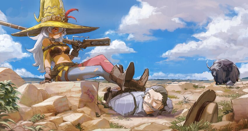 1boy 1girl absurdres arms_behind_back bare_shoulders belt belt_pouch blue_sky boots bound bound_wrists breasts brown_hair chest_harness choker cleavage cloth_gag cloud cloudy_sky cowboy_boots cowboy_hat cowboy_western crossed_legs earrings gag gagged gloves grass grey_shirt grin gun hair_between_eyes harness hat hat_belt hat_feather highres holding holding_gun holding_weapon improvised_gag jewelry letro lizard long_hair looking_at_another lying medium_breasts navel o-ring o-ring_top on_rock on_stomach one_eye_closed original outdoors pantyhose pinstripe_pattern pinstripe_shirt pouch red_eyes rifle rock scar scar_across_eye scar_on_face shirt short_hair sky smile stepped_on torn_clothes torn_pantyhose two-tone_pantyhose unworn_hat unworn_headwear weapon white_hair witch_hat yak yellow_hat