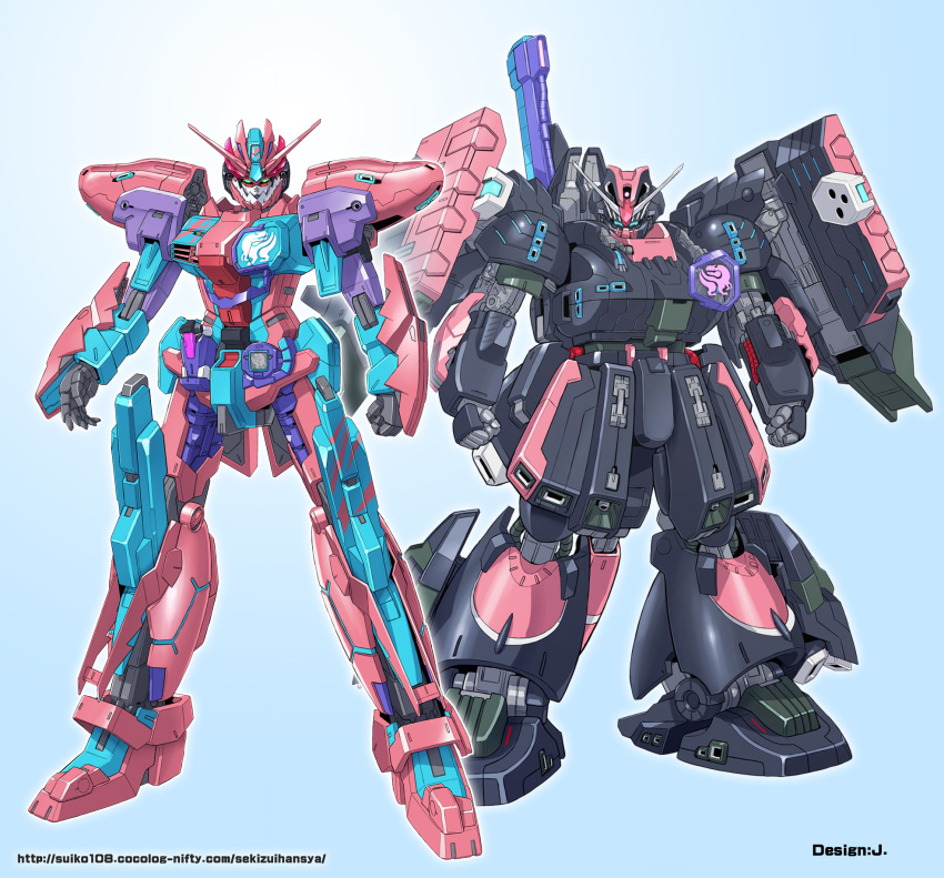 armor artist_name beam_rifle energy_gun fusion gradient_background gundam gundam_walpurgis highres kamen_rider kamen_rider_revi kamen_rider_revice kamen_rider_vice mecha no_humans over.on robot shoulder_armor the_o_(mobile_suit) watermark weapon weapon_on_back web_address yanagi_joe