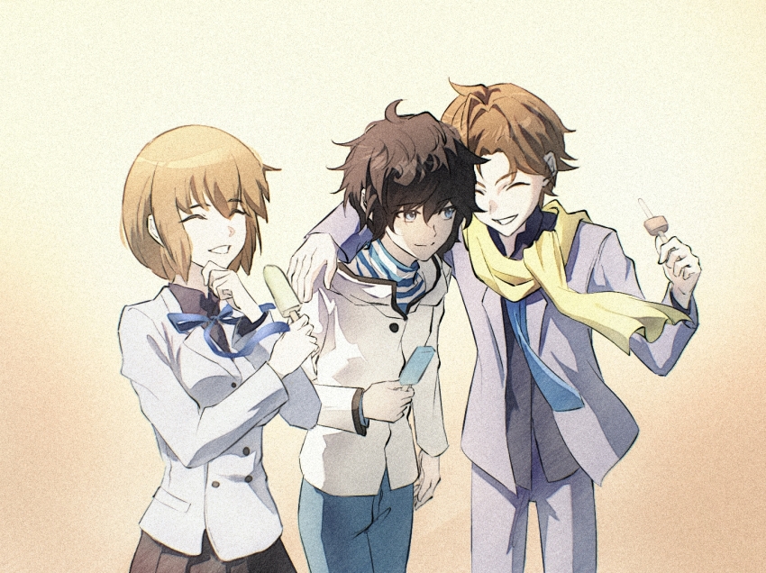 1258643753 1girl 2boys ^_^ arm_around_shoulder black_hair black_shirt black_skirt blue_necktie blue_pants blue_ribbon breasts brown_hair buttons closed_eyes collared_jacket devil_survivor_(series) devil_survivor_2 double-breasted dress_shirt food formal_clothes grin hand_on_another&#039;s_shoulder hand_on_own_chin happy holding holding_food holding_ice_cream hood hooded_jacket ice_cream jacket lapels large_breasts long_sleeves multiple_boys neck_ribbon necktie nitta_io notched_lapels open_clothes open_jacket pants pleated_skirt protagonist_(devil_survivor_2) ribbon scarf school_uniform shijima_daichi shirt short_hair sidelocks skirt smile striped_clothes striped_shirt turtleneck turtleneck_shirt yellow_scarf