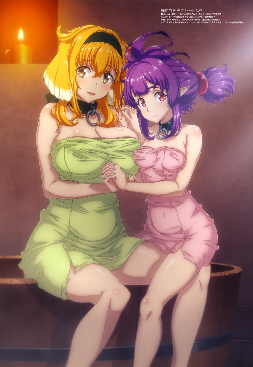 2girls absurdres animal_ears barefoot bathroom black_collar breasts cleavage collar dog_ears dog_girl dog_tail dwarf female_focus floppy_ears hairband highres holding_hands indoors isekai_meikyuu_de_harem_wo large_breasts long_hair looking_at_viewer magazine_scan megami_magazine metal_collar multiple_girls naked_towel o-ring_collar official_art orange_hair petite pointy_ears purple_hair roxanne_(isekai_meikyuu_de_harem_wo) scan sherry_(isekai_meikyuu_de_harem_wo) short_hair sitting slave small_breasts smile steam tail towel twintails umetsu_yukinori yuri