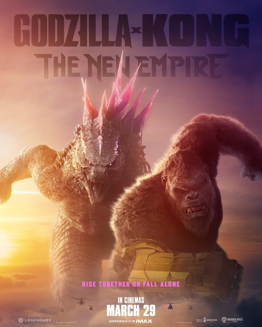 ah-64_apache aircraft angry ape artist_request attack_helicopter b.e.a.s.t._glove cloud crossover dinosaur electroshock_weapon english_text fangs fog gauntlets giant giant_monster glowing glowing_eyes glowing_spikes godzilla godzilla_(monsterverse) godzilla_(series) godzilla_and_kong_running_(meme) godzilla_evolved godzilla_x_kong:_the_new_empire gorilla helicopter highres kaiju king_kong king_kong_(series) legendary_pictures looking_at_viewer military monster monsterverse movie_poster no_humans no_pupils official_art open_mouth pink_eyes poster_(medium) promotional_art roaring running sea_monster sharp_teeth spikes teeth toho tongue warner_bros weapon