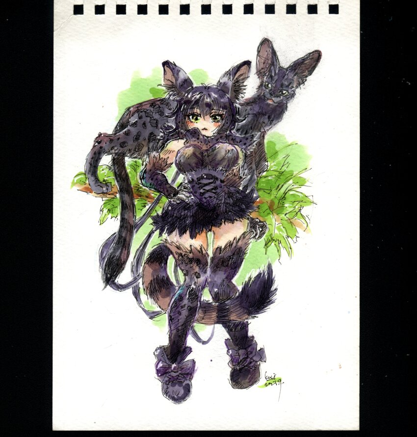 1girl absurdres animal_ears black_serval_(kemono_friends) elbow_gloves gloves highres kemono_friends kuri_no_sato serval serval_ears signature tail thighhighs traditional_media