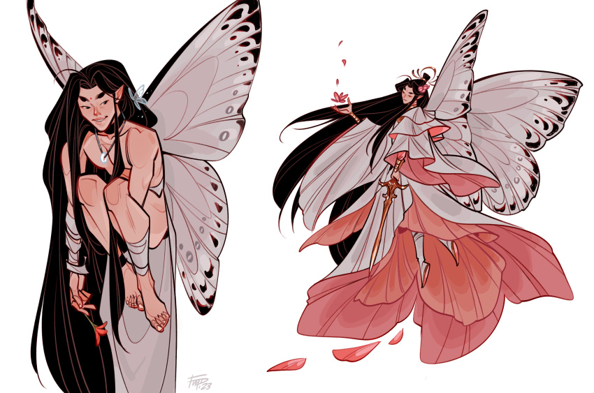 1boy absurdly_long_hair age_comparison bandaged_arm bandaged_leg bandages bare_shoulders barefoot black_eyes black_hair boots bug butterfly butterfly_wings chinese_clothes closed_eyes closed_mouth commentary cursed_shackle dress english_commentary fairy flower fmd hair_flower hair_ornament hanfu highres holding holding_flower holding_sword holding_weapon insect insect_wings jewelry long_hair long_sleeves multiple_views necklace nude open_mouth pink_flower pink_skirt pointy_ears red_flower ring ring_necklace see-through_butterfly signature simple_background skirt smile sword tianguan_cifu topknot very_long_hair weapon white_background white_boots white_butterfly white_dress white_hanfu white_wings wide_sleeves wings xiao_guan_(headdress) xie_lian xie_lian_(flower_crowned_martial_god)