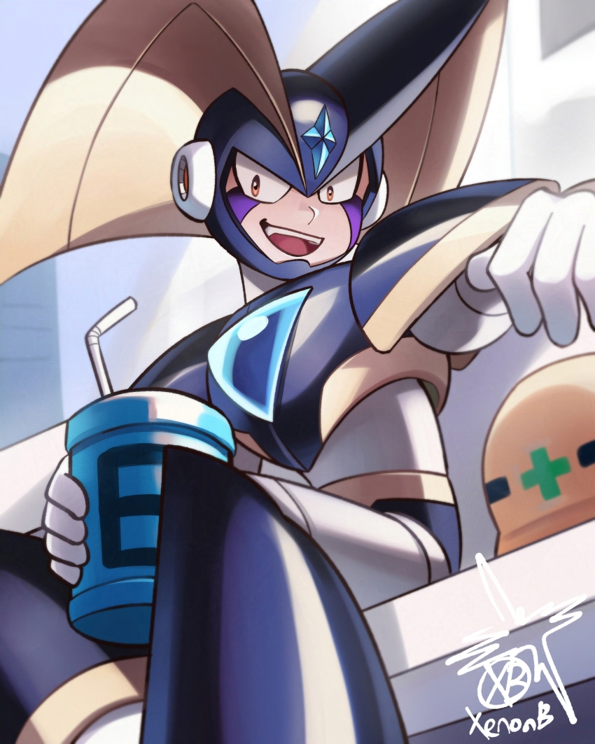 1boy absurdres armor artist_name bass_(mega_man) black_armor black_helmet chest_jewel energy_tank facial_mark forehead_jewel helmet highres male_focus mega_man_(classic) mega_man_(series) shoulder_armor sitting solo xenon_(xenonb)