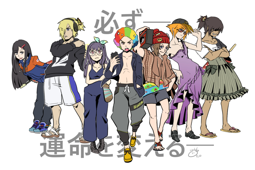 afro bag beanie bito_daisukenojo black_hair blonde_hair blunt_bangs boombox cellphone crossdressing crossed_arms dress furesawa_tosai glasses grey_eyes grey_hair hair_over_one_eye hand_in_pocket hand_on_own_hip hat headphones hime_cut holding holding_phone jacket kanade_rindo lipstick long_hair makeup minamimoto_sho multicolored_hair no_shirt open_clothes open_jacket orange_hair phone ponytail purple_dress purple_hair rainbow_hair red_headwear round_eyewear sakuraba_neku sakurane_shoka shin_subarashiki_kono_sekai shorts shoulder_bag smartphone spiked_hair subarashiki_kono_sekai two-tone_shirt usui_nagi