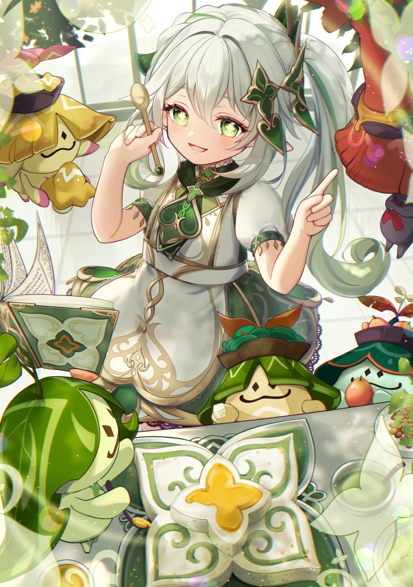 1girl :d absurdres alternate_costume apron aranara_(genshin_impact) asahi_(vjss4548) book bowl child commentary_request cross-shaped_pupils dress fingernails food fruit genshin_impact gradient_hair green_dress green_eyes green_hair grey_hair hair_between_eyes hair_ornament hands_up highres holding holding_spoon index_finger_raised lace lace-trimmed_apron lace-trimmed_skirt lace_trim leaf_hair_ornament looking_at_viewer multicolored_hair nahida_(genshin_impact) open_book open_mouth pointy_ears short_sleeves side_ponytail sidelocks skirt smile solo spoon standing streaked_hair sunlight symbol-shaped_pupils tile_floor tiles white_apron