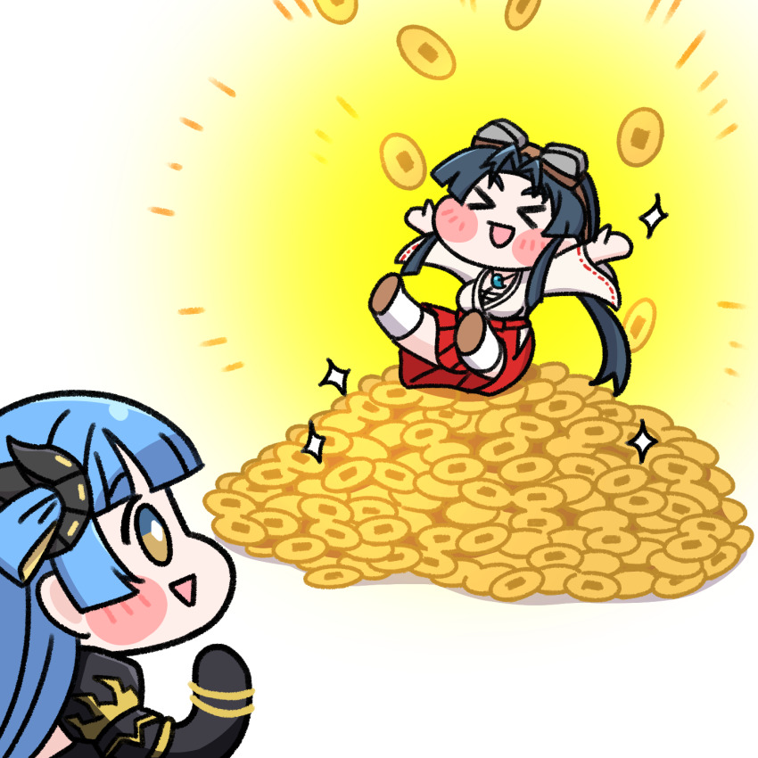 &gt;_&lt; 2girls alterkero blonde_hair blue_eyes blue_hair blush_stickers breasts chest_sarashi chibi china_dress chinese_clothes coin dress eyewear_on_head fafnir_(last_origin) hakama hakama_skirt highres holed_coin japanese_clothes jewelry large_breasts last_origin long_hair magatama magatama_necklace miko multicolored_eyes multicolored_hair multiple_girls necklace pile sarashi sengoku_ace simple_background skirt togashi_koyori two-tone_eyes two-tone_hair yellow_eyes