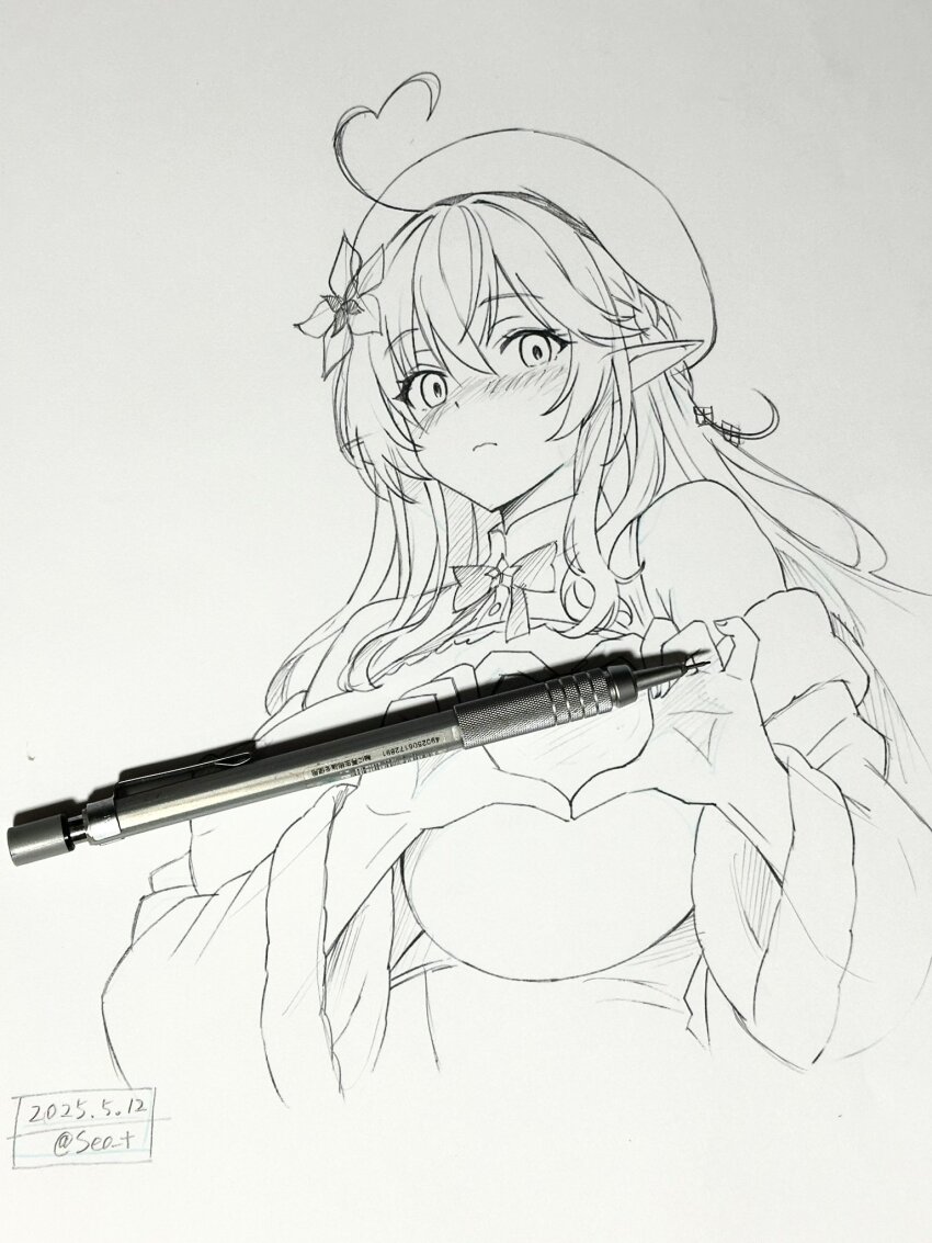 1girl ahoge beret blush bow bowtie braid buttons closed_mouth collared_shirt elf flower frills graphite_(medium) hair_between_eyes hair_flower hair_ornament hat heart heart_ahoge heart_hands highres hololive jacket looking_at_viewer pointy_ears seo_tatsuya shirt side_braid simple_background solo traditional_media virtual_youtuber yukihana_lamy